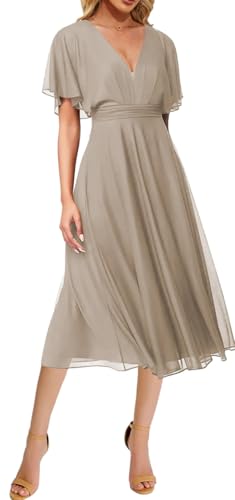 WSEYU Kurzes Kleid mit V-Ausschnitt, Brautjungfernkleid, Chiffon, Abschlussfeier, Cocktail, Partykleid, taupe, 38 von WSEYU