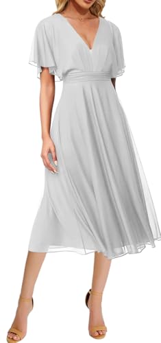 WSEYU Kurzes Kleid mit V-Ausschnitt, Brautjungfernkleid, Chiffon, Abschlussfeier, Cocktail, Partykleid, weiß, 48 von WSEYU