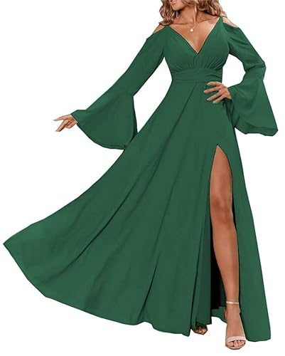 WSEYU Langarm Brautjungfernkleider für Hochzeit Kalte Schulter Hochzeitsgast Kleid mit Schlitz V-Ausschnitt Formelles Kleid, hunter green, 46 von WSEYU