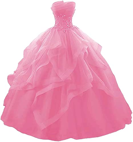 WSEYU Lange Rüschen Ballkleid Quinceanera Kleider trägerlosen Spitze Tüll Perlen Prinzessin Abendkleid, hot pink, 36 von WSEYU