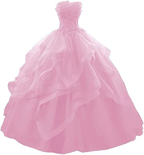 WSEYU Lange Rüschen Ballkleid Quinceanera Kleider trägerlosen Spitze Tüll Perlen Prinzessin Abendkleid, rose, 36 von WSEYU