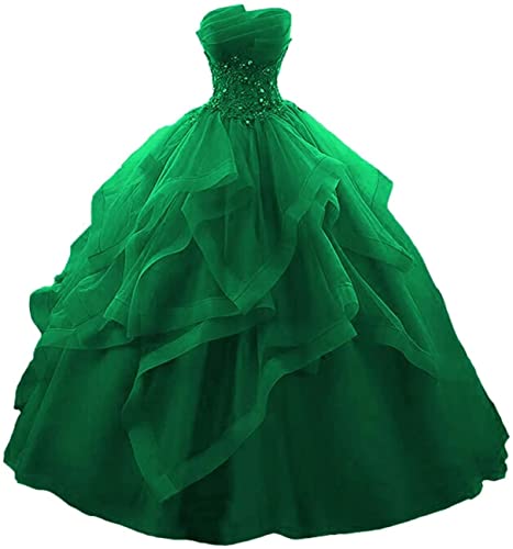 WSEYU Langes Rüschen Ballkleid Quinceanera Kleider Trägerlos Spitze Tüll Perlen Prinzessin Abendkleid, grün, 48 von WSEYU