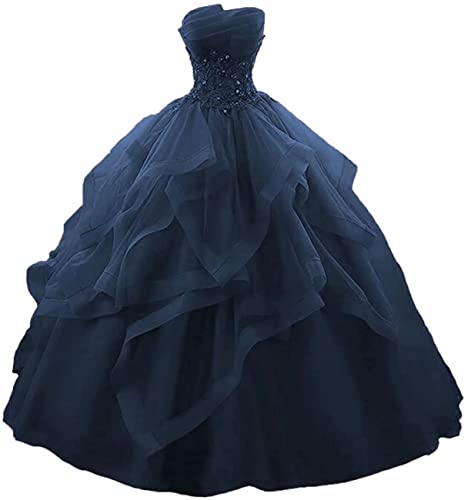 WSEYU Langes Rüschen Ballkleid Quinceanera Kleider Trägerlos Spitze Tüll Perlen Prinzessin Abendkleid, navy, 36 von WSEYU