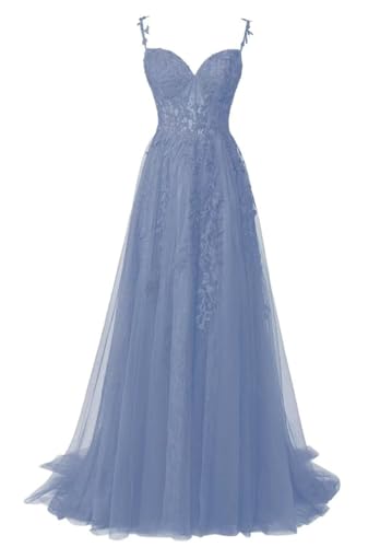 WSEYU Puffy Floral Tüll Ballkleid Spitze Applikationen Brautjungfer Abend Abschlussfeier Cocktail Party Kleid, dusty blue, 38 von WSEYU