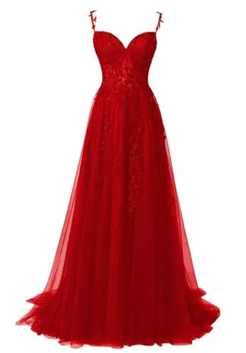 WSEYU Puffy Floral Tüll Ballkleid Spitze Applikationen Brautjungfer Abend Abschlussfeier Cocktail Party Kleid, rot, 34 von WSEYU