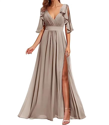 WSEYU Rüschen Ärmel Brautjungfernkleider für Hochzeit mit Schlitz Chiffon Open Back Lange Ballkleider mit Taschen, taupe, 40 von WSEYU