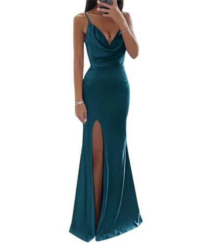 WSEYU Satin, Meerjungfrauen-Brautjungfernkleid, Wasserfallkragen, Ballkleider mit Schlitz, pfau, 32 von WSEYU