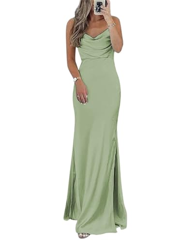 WSEYU Satin Brautjungfernkleider lang für Hochzeit Wasserfallausschnitt trägerlose Ballkleider für Frauen mit Schlitz, salbeigrün, 38 von WSEYU