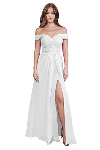 WSEYU Schulterfrei lange Brautjungfernkleider mit Schlitz Chiffon A Linie Plissee Ballkleider mit Taschen C052A, weiß, 36 von WSEYU