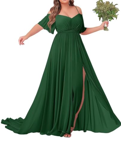 WSEYU Schulterfreies Brautjungfernkleid für Hochzeit, Chiffon, Ballkleider, langes formelles Abendkleid mit Schlitz, smaragdgrün, 42 von WSEYU