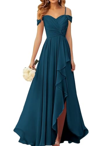 WSEYU Schulterfreies Brautjungfernkleid mit Schlitz, plissiert, Chiffon, Ballkleid, lang, formell, Abendkleid, Partykleid, pfau, 48 WSEYU Schulterfreies Brautjungfernkleid mit Schlitz, plissiert, Chiffon, Ballkleid, lang, formell, Abendkleid, Partykleid, pfau, 48 von WSEYU