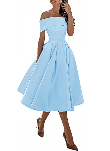 WSEYU Schulterfreies Homecoming Kleider Satin Kurz Formal Abendkleid mit Taschen für Jugendliche, hellblau, 34 von WSEYU
