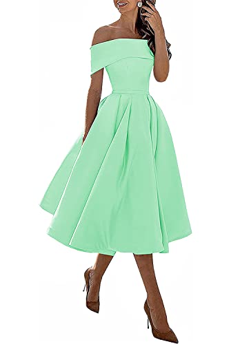 WSEYU Schulterfreies Homecoming Kleider Satin Kurz Formal Abendkleid mit Taschen für Jugendliche, mintgrün, 36 von WSEYU