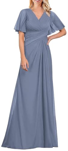 WSEYU V-Ausschnitt Brautmutterkleider mit Ärmeln Chiffon Brautjungfernkleider für Hochzeit lange formelle Kleider, Dusty-Blue, 42 von WSEYU