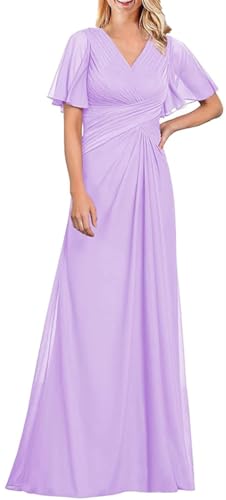 WSEYU V-Ausschnitt Brautmutterkleider mit Ärmeln Chiffon Brautjungfernkleider für Hochzeit lange formelle Kleider, lavendel, 50 Plus von WSEYU