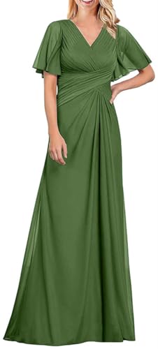 WSEYU V-Ausschnitt Brautmutterkleider mit Ärmeln Chiffon Brautjungfernkleider für Hochzeit lange formelle Kleider, olivgrün, 42 von WSEYU