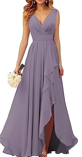 WSEYU V-Ausschnitt Chiffon Brautjungfer Kleider für Hochzeit Lange Formale Abendkleid mit Rüschen Schlitz, Wisteria, 38 von WSEYU