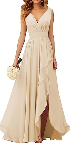 WSEYU V-Ausschnitt Chiffon Brautjungfer Kleider für Hochzeit Lange Formale Abendkleid mit Rüschen Schlitz, champagnerfarben, 48 von WSEYU