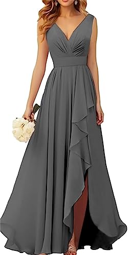 WSEYU V-Ausschnitt Chiffon Brautjungfer Kleider für Hochzeit Lange Formale Abendkleid mit Rüschen Schlitz, grau, 46 von WSEYU