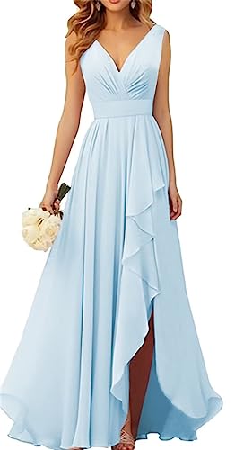 WSEYU V-Ausschnitt Chiffon Brautjungfer Kleider für Hochzeit Lange Formale Abendkleid mit Rüschen Schlitz, hellblau, 42 von WSEYU