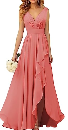 WSEYU V-Ausschnitt Chiffon Brautjungfer Kleider für Hochzeit Lange Formale Abendkleid mit Rüschen Schlitz, korallenrot, 38 von WSEYU