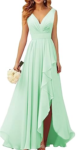 WSEYU V-Ausschnitt Chiffon Brautjungfer Kleider für Hochzeit Lange Formale Abendkleid mit Rüschen Schlitz, mintgrün, 40 von WSEYU