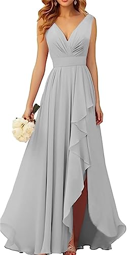 WSEYU V-Ausschnitt Chiffon Brautjungfer Kleider für Hochzeit Lange Formale Abendkleid mit Rüschen Schlitz, silber, 42 von WSEYU