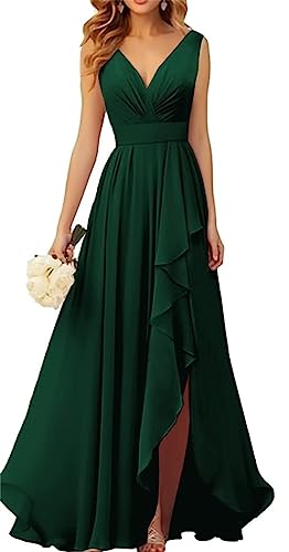 WSEYU V-Ausschnitt Chiffon Brautjungfer Kleider für Hochzeit Lange Formale Abendkleid mit Rüschen Schlitz, smaragdgrün, 42 von WSEYU