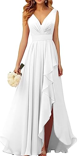 WSEYU V-Ausschnitt Chiffon Brautjungfer Kleider für Hochzeit Lange Formale Abendkleid mit Rüschen Schlitz, weiß, 50 von WSEYU