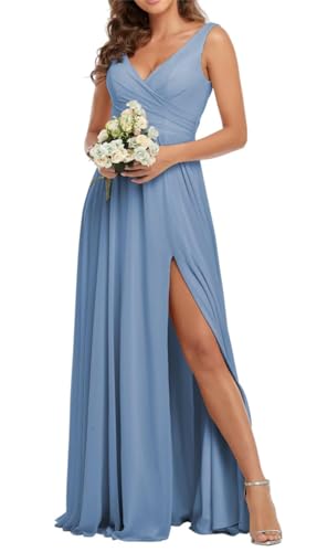 WSEYU V-Ausschnitt Chiffon Brautjungfernkleider mit Schlitz Ballkleid Lang A-Linie formelles Abendkleid, dusty blue, 52 von WSEYU