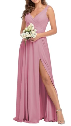 WSEYU V-Ausschnitt Chiffon Brautjungfernkleider mit Schlitz Ballkleid Lang A-Linie formelles Abendkleid, rosa - dusty pink, 46 von WSEYU