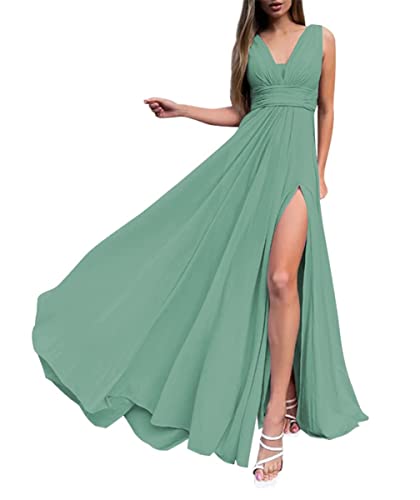 WSEYU V-Ausschnitt Gästekleider für Junioren Ärmellos Chiffon A-Linie Hoher Split Spaghettiträger 2023 Formal Prom Kleid, Eukalyptus, 40 von WSEYU