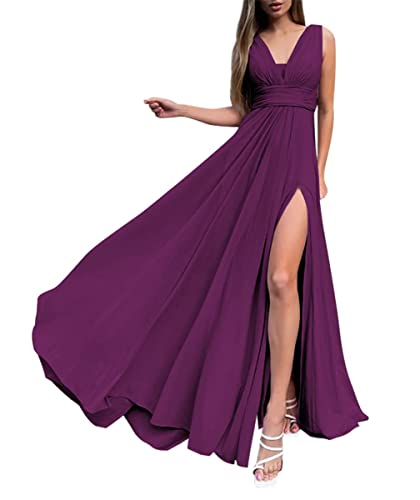 WSEYU V-Ausschnitt Gästekleider für Junioren Ärmellos Chiffon A-Linie Hoher Split Spaghettiträger 2023 Formal Prom Kleid, pflaume, 48 von WSEYU