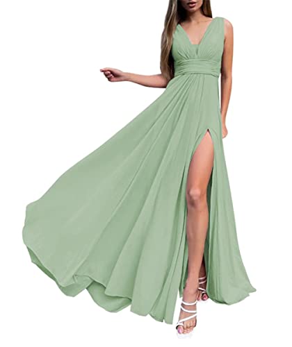 WSEYU V-Ausschnitt Gästekleider für Junioren Ärmellos Chiffon A-Linie Hoher Split Spaghettiträger 2023 Formal Prom Kleid, salbeigrün, 42 von WSEYU