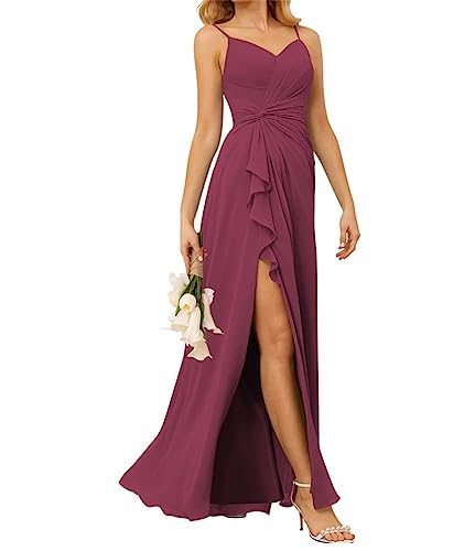 WSEYU V-Ausschnitt Plissee Brautjungfernkleider für Hochzeit mit Taschen A-Linie Rüschen Lange Chiffon Formale Partykleid mit Schlitz, mulberry, 44 von WSEYU