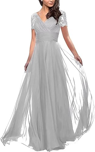 WSEYU V-Ausschnitt Spitze Mutter der Braut Kleid für Hochzeit Chiffon Formale Abendkleid mit kurzen Ärmeln, silber, 58 Plus von WSEYU