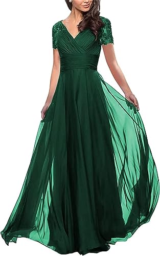 WSEYU V-Ausschnitt Spitzenkleid für Mutter der Braut Hochzeit Chiffon formale Kurzarm Abendkleid, Smaragd Grün, 46 Große Größen von WSEYU