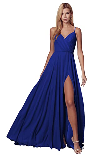 WSEYU V-Ausschnitt lange Brautjungfernkleider mit Schlitz Chiffon A Linie Plissee Ballkleider mit Taschen C055A, königsblau, 48 von WSEYU