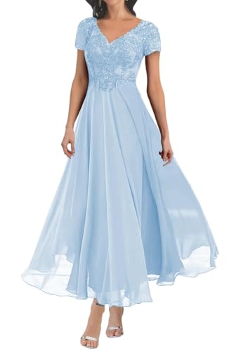 WSEYU ZM293 Kleid für die Brautmutter und Bräutigam, V-Ausschnitt, Spitzenapplikationen, formelles Abendkleid, Großmutterkleid, hellblau, 42 von WSEYU