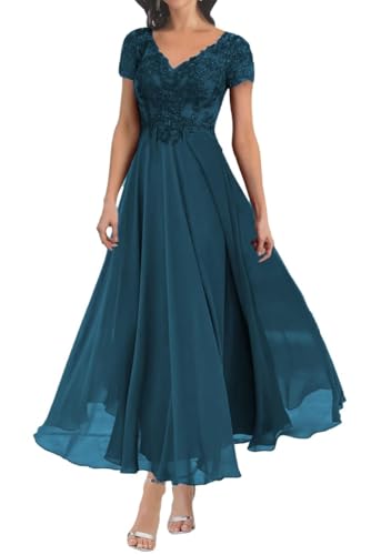 WSEYU ZM293 Kleid für die Brautmutter und Bräutigam, V-Ausschnitt, Spitzenapplikationen, formelles Abendkleid, Großmutterkleid, pfau, 48 Plus von WSEYU