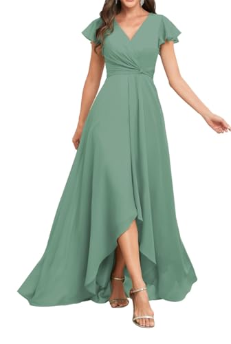ZM069 Kleid für Prinzessin, Brautjungfer, quadratischer Ausschnitt, Chiffon, formelles Abendkleid, Partykleid mit Ärmeln, Eukalyptus, 42 von WSEYU
