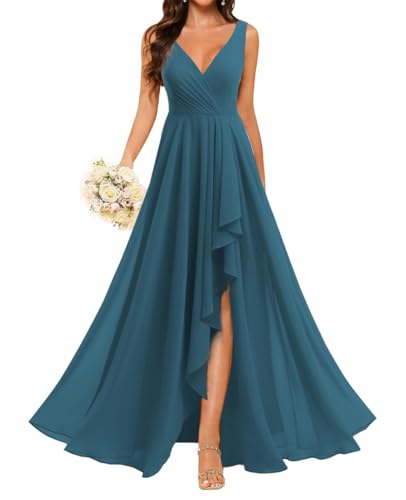ZM124 Kleid mit V-Ausschnitt, Prinzessinnenkleid, Brautjungfernkleider mit Schlitz, Chiffon, formelles Abendkleid, Partykleid, blaugrün, 44 von WSEYU