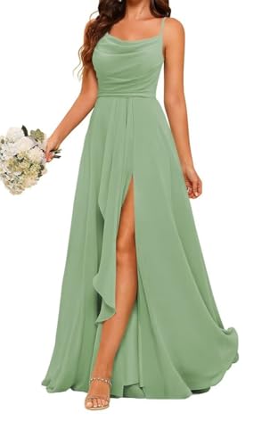 ZM132 Prinzessinnenkleid, Brautjungfernkleid, Spaghettiträger, Ballkleid, Wasserfallausschnitt, formelles Abendkleid, Partykleid mit Schlitz, Dusty Sage, 36 von WSEYU
