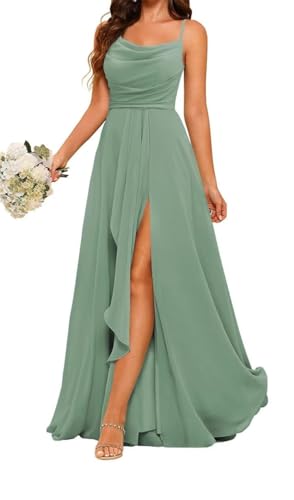 ZM132 Prinzessinnenkleid, Brautjungfernkleid, Spaghettiträger, Ballkleid, Wasserfallausschnitt, formelles Abendkleid, Partykleid mit Schlitz, Eukalyptus, 36 von WSEYU