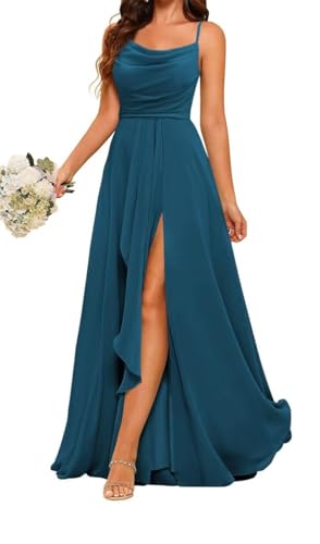 ZM132 Prinzessinnenkleid, Brautjungfernkleid, Spaghettiträger, Ballkleid, Wasserfallausschnitt, formelles Abendkleid, Partykleid mit Schlitz, blaugrün, 38 von WSEYU