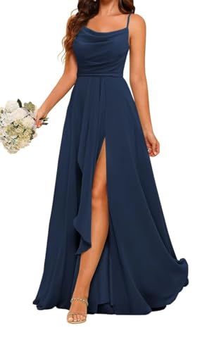 ZM132 Prinzessinnenkleid, Brautjungfernkleid, Spaghettiträger, Ballkleid, Wasserfallausschnitt, formelles Abendkleid, Partykleid mit Schlitz, marineblau, 50 Plus von WSEYU