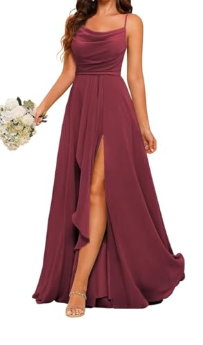 ZM132 Prinzessinnenkleid, Brautjungfernkleid, Spaghettiträger, Ballkleid, Wasserfallausschnitt, formelles Abendkleid, Partykleid mit Schlitz, mulberry, 40 von WSEYU