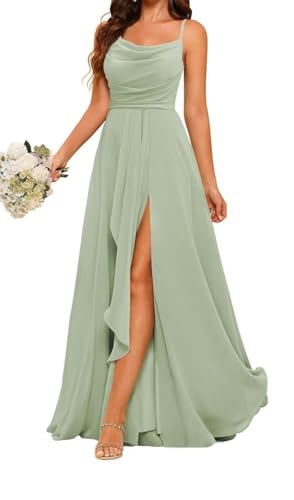 ZM132 Prinzessinnenkleid, Brautjungfernkleid, Spaghettiträger, Ballkleid, Wasserfallausschnitt, formelles Abendkleid, Partykleid mit Schlitz, salbeigrün, 52 Plus von WSEYU
