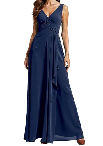 ZM286 Kleid mit doppeltem V-Ausschnitt, Prinzessinnenkleid, Brautjungfernkleid, Chiffon, Ballkleider mit Schlitz, formelles Abendkleid, Partykleid, navy, 58 Plus von WSEYU