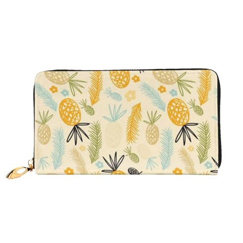 WSHFFILO Ananas-Muster bedruckte Ledergeldbörse lange Clutch tragbare Reisebrieftasche, Schwarz , Einheitsgröße von WSHFFILO